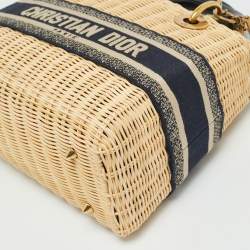 Pre Owned Dior Navy Blue/Natural Rattan and Canvas Medium Lady Dior Tote