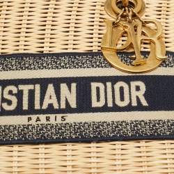 Pre Owned Dior Navy Blue/Natural Rattan and Canvas Medium Lady Dior Tote
