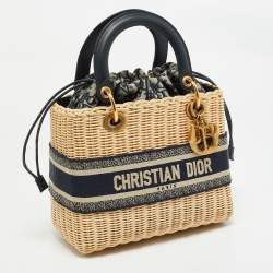 Pre Owned Dior Navy Blue/Natural Rattan and Canvas Medium Lady Dior Tote