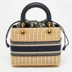 Pre Owned Dior Navy Blue/Natural Rattan and Canvas Medium Lady Dior Tote