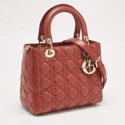 Pre Owned Dior Red Cannage Leather Medium Lady Dior Tote
