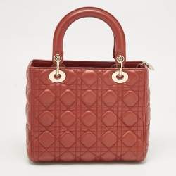 Pre Owned Dior Red Cannage Leather Medium Lady Dior Tote
