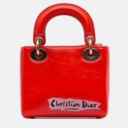 Pre Owned Dior Lady Dior Mini Calfskin Red Sequin Embellished Handbag