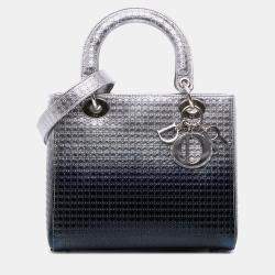 Pre Owned Dior Silver Medium Ombre Metallic Patent Microcannage Lady Dior