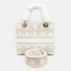 Pre Owned Dior Gold/White Fabric Medium D-LITE Lady Bag
