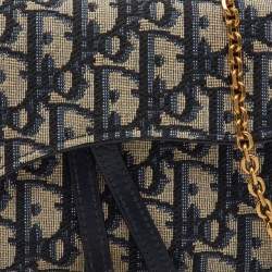 Pre Owned Dior Navy Blue Oblique Canvas and Leather Saddle Wallet On Chain