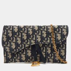 Pre Owned Dior Navy Blue Oblique Canvas and Leather Saddle Wallet On Chain