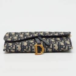 Pre Owned Dior Navy Blue Oblique Canvas and Leather Saddle Wallet On Chain