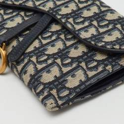 Pre Owned Dior Navy Blue Oblique Canvas and Leather Saddle Wallet On Chain