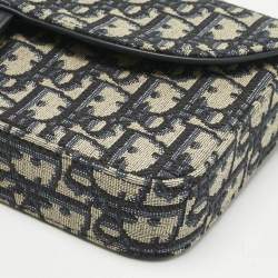 Pre Owned Dior Navy Blue/Beige Oblique Canvas Medium Saddle Chain Pouch