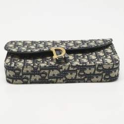 Pre Owned Dior Navy Blue/Beige Oblique Canvas Medium Saddle Chain Pouch