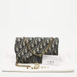 Pre Owned Dior Navy Blue/Beige Oblique Canvas Medium Saddle Chain Pouch