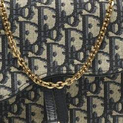 Pre Owned Dior Navy Blue/Beige Oblique Canvas Medium Saddle Chain Pouch