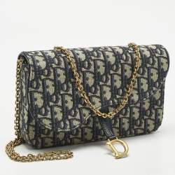 Pre Owned Dior Navy Blue/Beige Oblique Canvas Medium Saddle Chain Pouch
