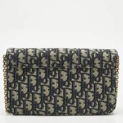 Pre Owned Dior Navy Blue/Beige Oblique Canvas Medium Saddle Chain Pouch