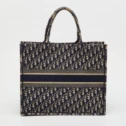 Pre Owned Dior Navy Blue Oblique Embroidered Canvas Large Book Tote