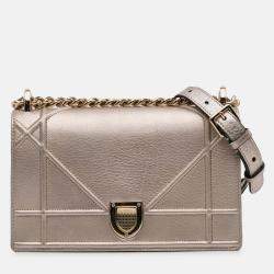 Pre Owned Dior Gold Medium Metallic Grained Calfskin Diorama Flap Bag