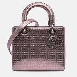 Pre Owned Dior Pink Medium Metallic Patent Microcannage Lady Dior