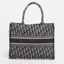 Pre Owned Dior Navy Blue Oblique Embroidered Canvas Small Book Tote 