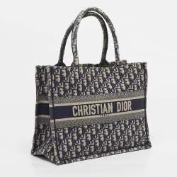 Pre Owned Dior Navy Blue Oblique Embroidered Canvas Small Book Tote 