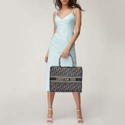 Pre Owned Dior Navy Blue Oblique Embroidered Canvas Small Book Tote 