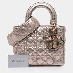 Pre Owned Dior Gold Small Metallic Grained Calfskin Cannage Supple Lady Dior
