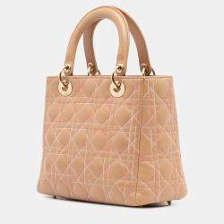 Pre Owned Dior Beige Medium Lambskin Cannage Contrast Stitch Lady Dior