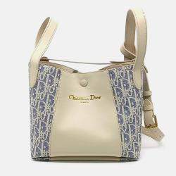 Pre Owned Dior Beige/Blue Calf Leather Cotton Signature Bucket Bag