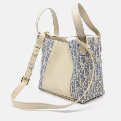 Pre Owned Dior Beige/Blue Calf Leather Cotton Signature Bucket Bag