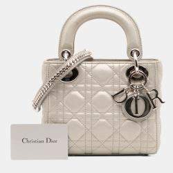 Pre Owned Dior Silver Mini Iridescent Lambskin Cannage Lady Dior