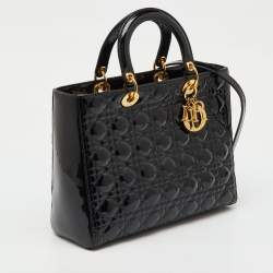 Pre Owned Dior Black Cannage Patent Leather Large Lady Dior Tote