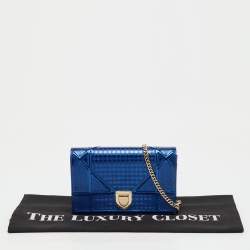 Pre Owned Dior Metallic Blue Micro Cannage Patent Leather Diorama Wallet on Chain