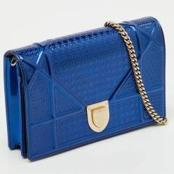 Pre Owned Dior Metallic Blue Micro Cannage Patent Leather Diorama Wallet on Chain
