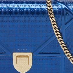 Pre Owned Dior Metallic Blue Micro Cannage Patent Leather Diorama Wallet on Chain