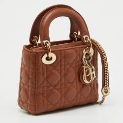 Pre Owned Dior Brown Cannage Leather Mini Lady Dior Tote