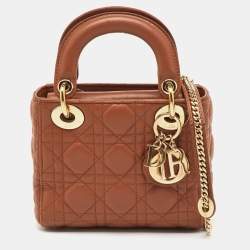 Pre Owned Dior Brown Cannage Leather Mini Lady Dior Tote