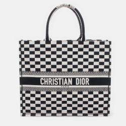 Pre Owned Dior Black White Large Embroidered Canvas Checkered Book Tote