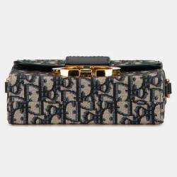 Pre Owned Christian Dior Oblique 30 Montaigne Crossbody Shoulder Bag Navy Beige Leather Jacquard