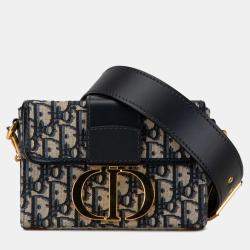 Pre Owned Christian Dior Oblique 30 Montaigne Crossbody Shoulder Bag Navy Beige Leather Jacquard