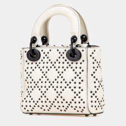 Pre Owned Dior White Mini Ultra Matte Calfskin Cannage Studded Supple Lady Dior