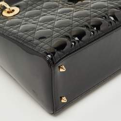 Pre Owned Dior Black Cannage Patent Leather Medium Lady Dior Tote