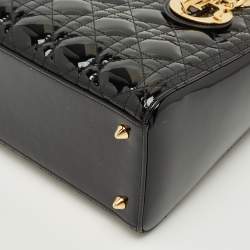 Pre Owned Dior Black Cannage Patent Leather Medium Lady Dior Tote