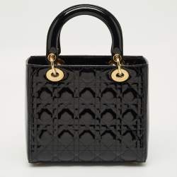 Pre Owned Dior Black Cannage Patent Leather Medium Lady Dior Tote