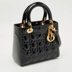 Pre Owned Dior Black Cannage Patent Leather Medium Lady Dior Tote