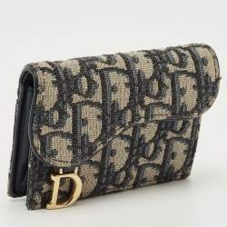 Pre Owned Dior Blue Oblique Canvas Saddle Bloom Card Holder