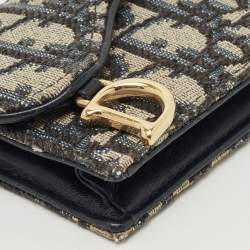 Pre Owned Dior Blue Oblique Canvas Saddle Bloom Card Holder
