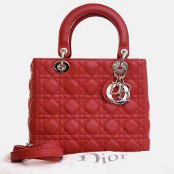 Pre Owned Dior Lady Dior Medium Red Lambskin Top Handle Bag