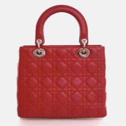 Pre Owned Dior Lady Dior Medium Red Lambskin Top Handle Bag