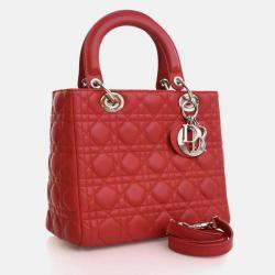 Pre Owned Dior Lady Dior Medium Red Lambskin Top Handle Bag