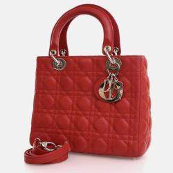 Pre Owned Dior Lady Dior Medium Red Lambskin Top Handle Bag